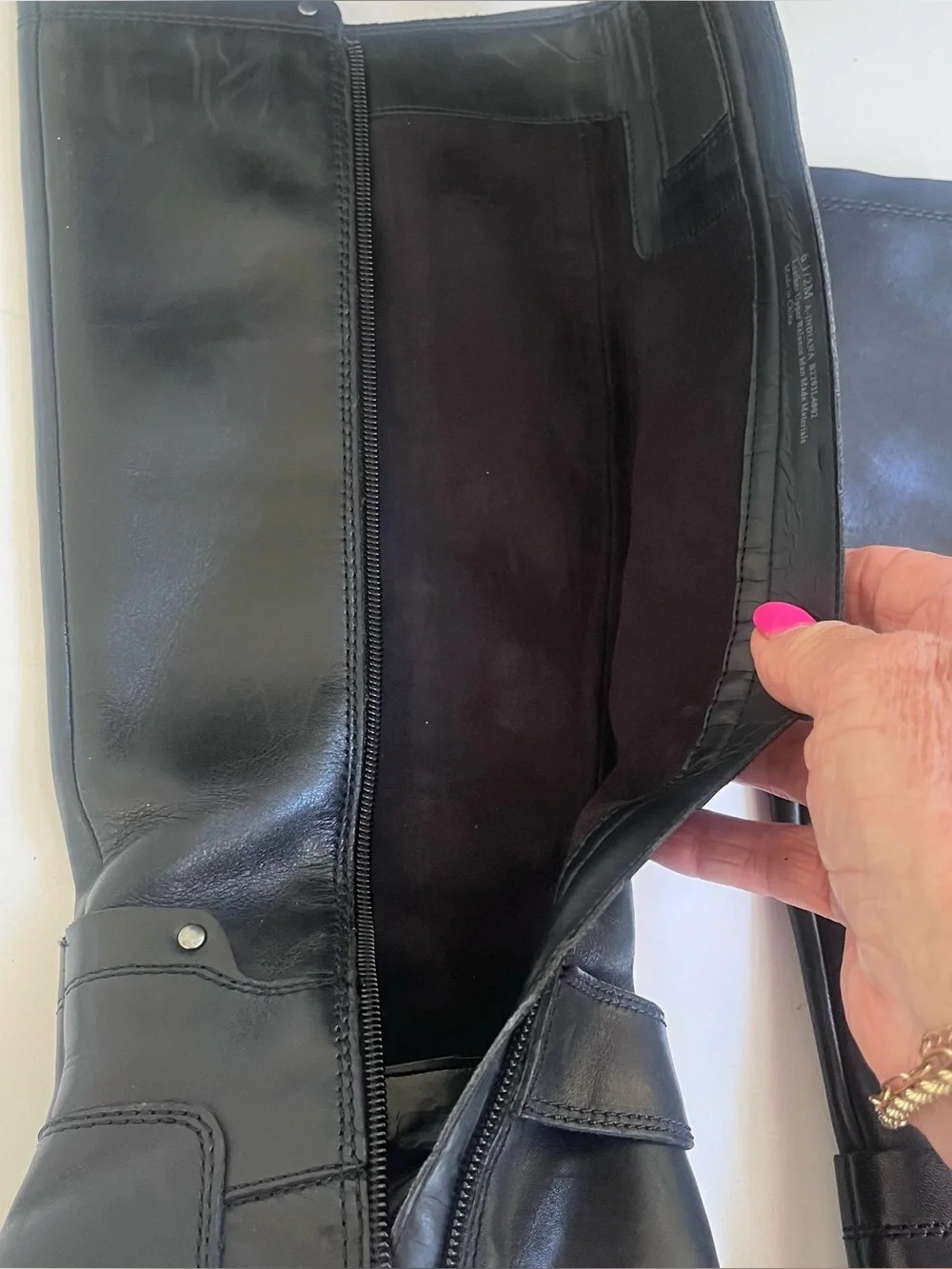 Franco Sarto 7.5M Tall Black Boots wedge Almond Toe Buckle Detail Side Zipper